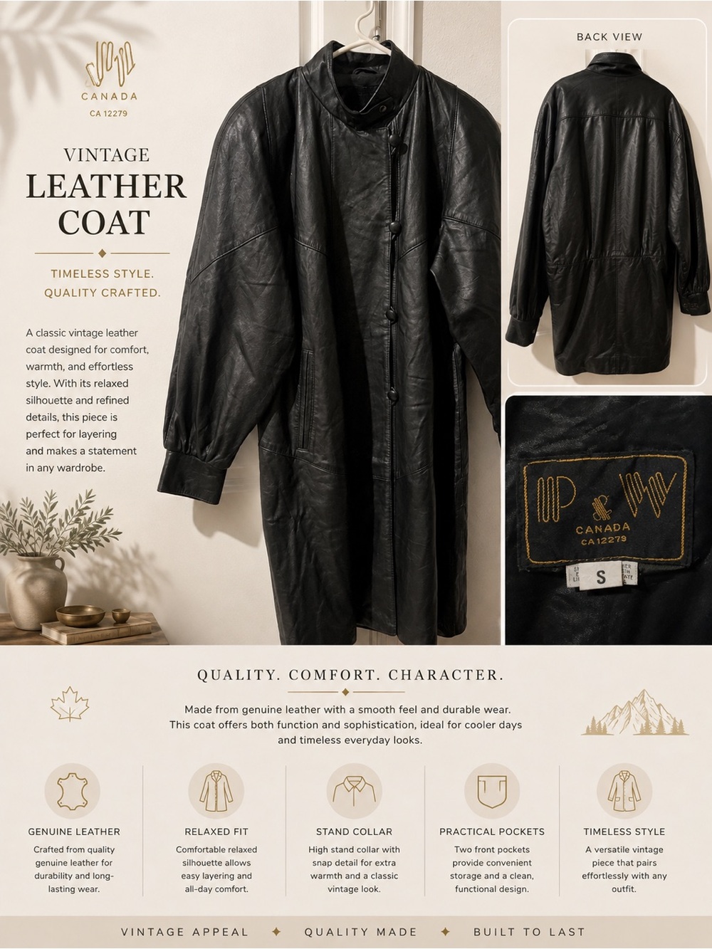 Vintage Black Leather Coat - Small